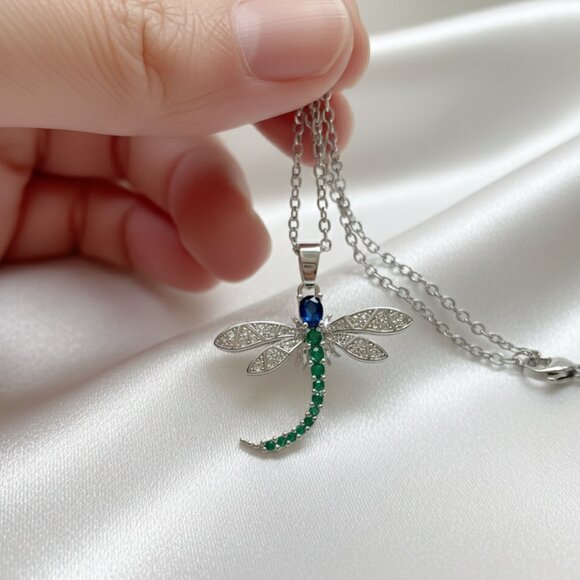Dragonfly Insect Blue Green Clear CZ Silver Sparkly Fashion Pendant Necklace - Picture 3 of 8